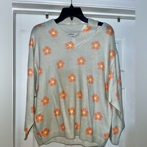 DAVI & DANI Floral V-Neck Sweater - Cream and Orange